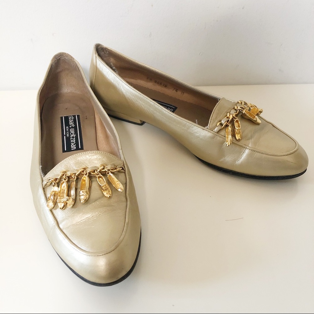 Stuart Weitzman gold loafers matte metallic leather with charms